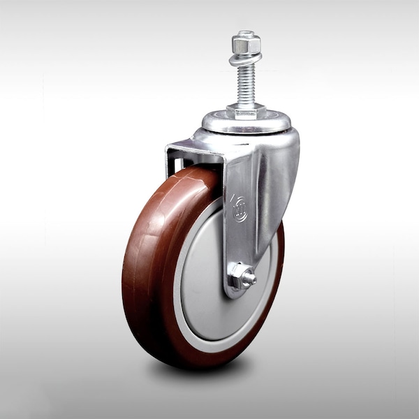 5 Inch SS Maroon Polyurethane Wheel Swivel 10mm Threaded Stem Caster SCC